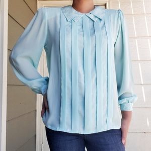 Vintage 80s | Blue Silky Pleated Dress Blouse